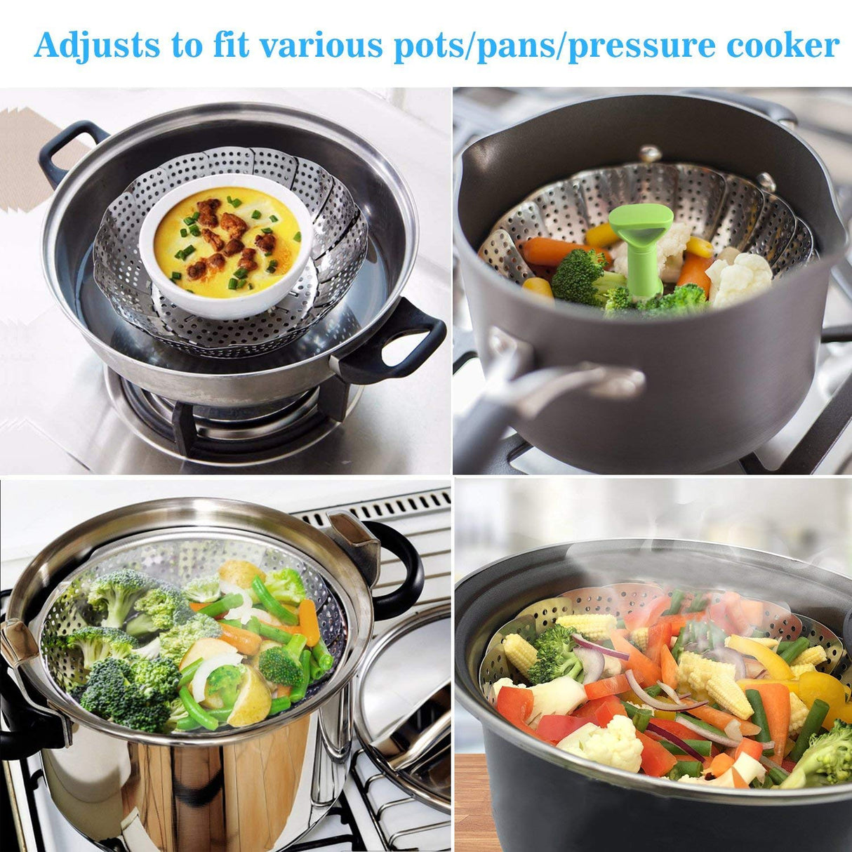 Consevisen Vegetable Steamer Basket for Cooking Food, Stainless Steel Veggie Steam Basket for Pot, Folding Expandable Steaming Insert with Extendable Handle Fits Various Size Pot, 5.1" to 9" Consevisen