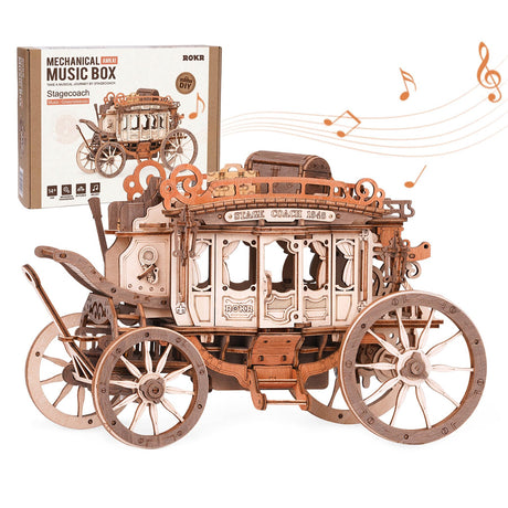 ROKR 3D Wooden Puzzles for Adults-Stagecoach Music Box Kit-DIY Wood Model Kits for Adults-Toy Gifts for Ages 14 and Up ROKR