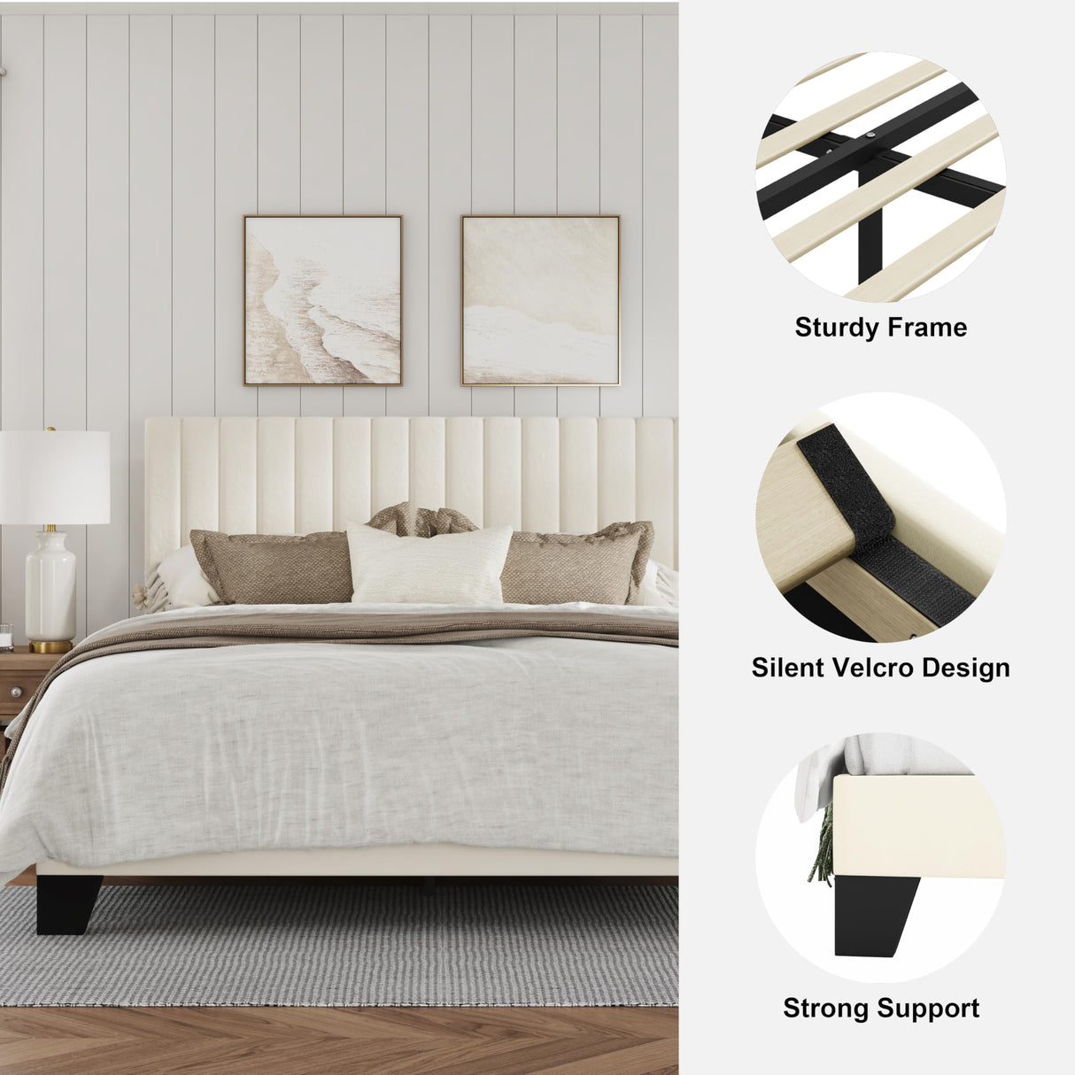 IOILORI Full Size Bed Frame, Velvet Upholstered Platform Bed with Adjustable Tufted Headboard, Sturdy Frame and Slats, No Noiseless, No Box Spring Required, Easy Assembly, Beige IOILORI