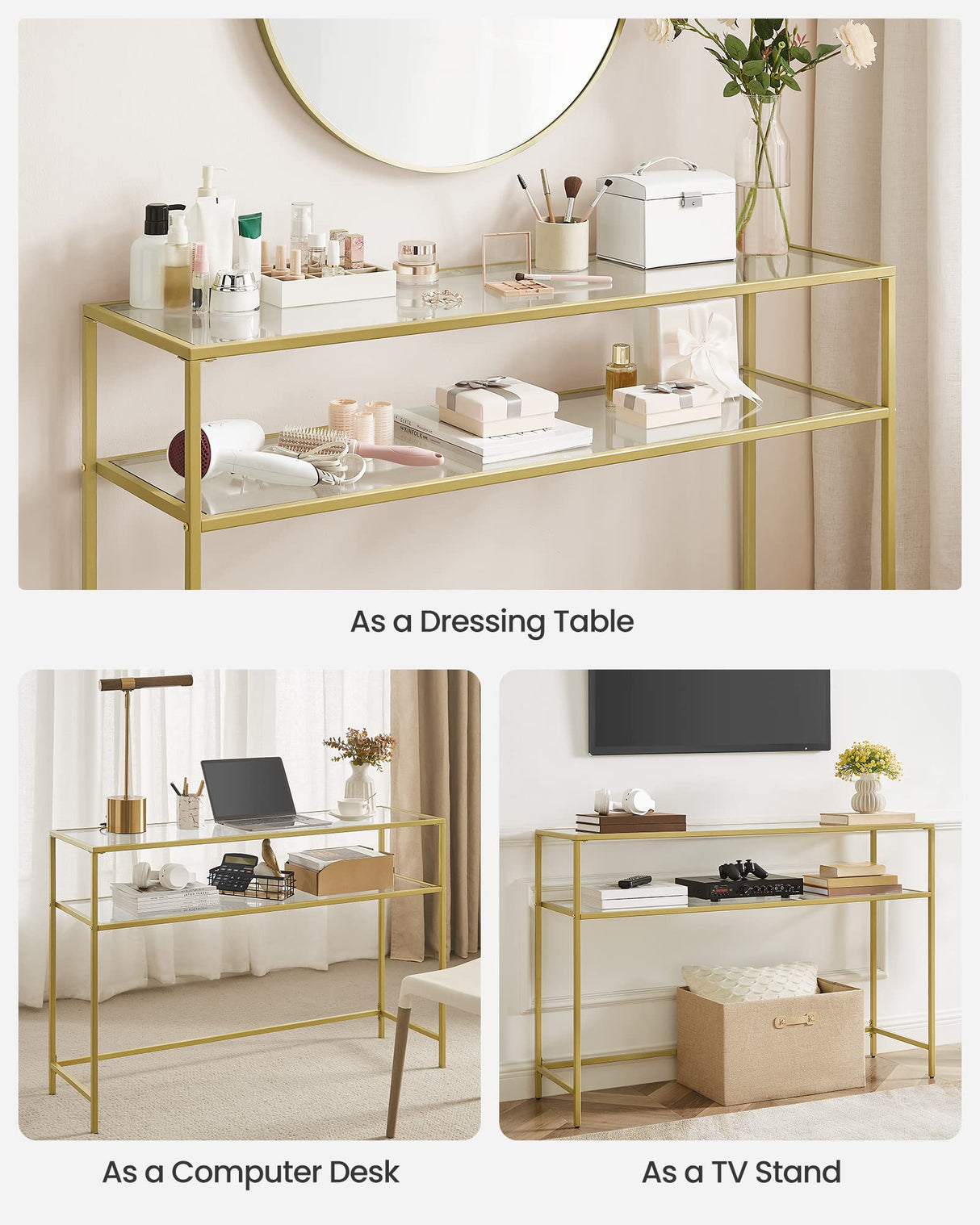 VASAGLE 47.2 Inch Console Sofa Table, Modern Entryway Table, Tempered Glass Table, Metal Frame, 2 Shelves, Adjustable Feet, for Living Room, Hallway, Gold Color ULGT045A61 VASAGLE
