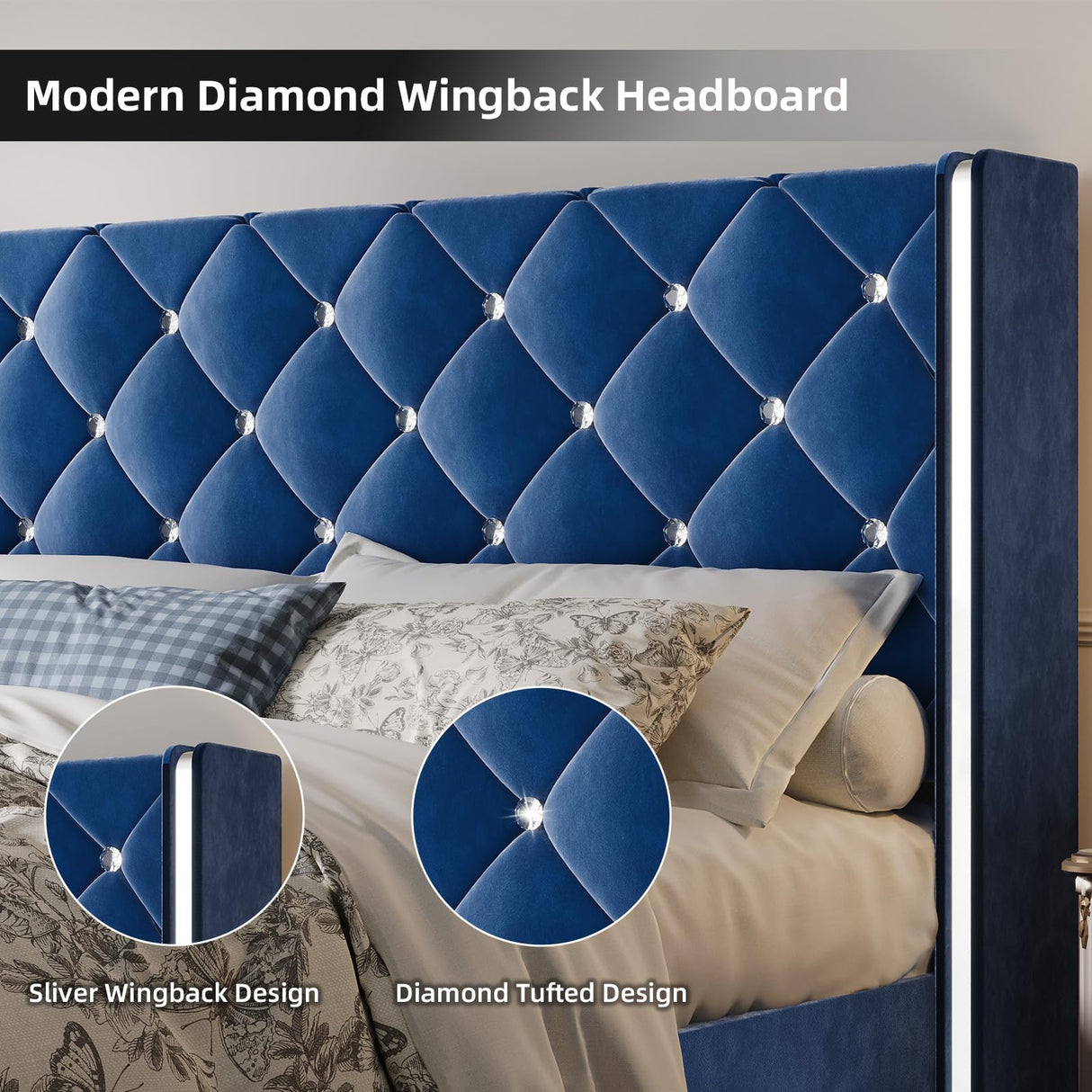 HOMBCK Twin Bed Frames, Upholstered Platform Bed with Diamond Tufted Headboard, Modern Velvet Bed Frame with Wingback Design, No Box Spring Needed, Easy Assembly, Blue HOMBCK