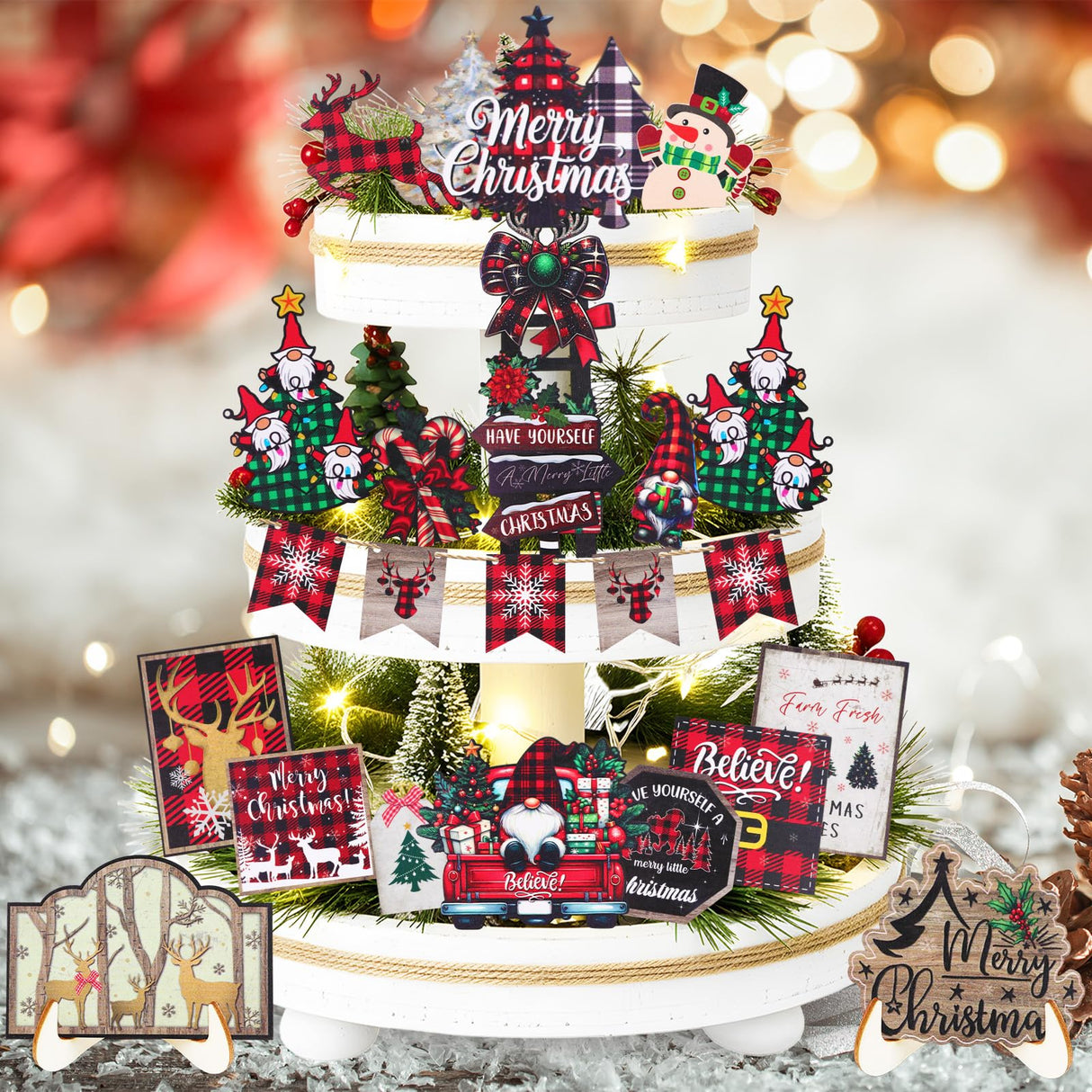 TAKEALOOKO Christmas Tiered Tray Decor Set - 24Pcs Wooden Signs Snowman Gnome Truck Ornaments, Family Party Rustic Farmhouse Holiday Decorations for Table Shelf Centerpiece Xmas Home TAKEALOOKO