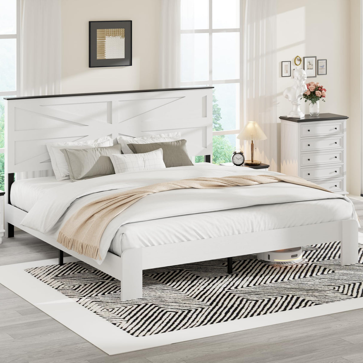 madeslves Farmhouse King Size Wooden Bed Frame with Headboard, Boho Platform Bedframe, Sturdy Metal Slats Support, No Box Spring Needed, Noisy Free, Easy Assembly, White madeslves