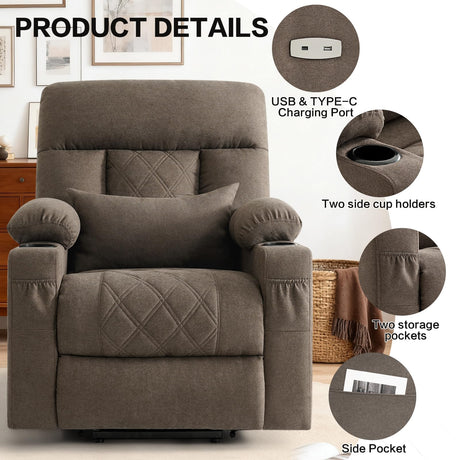 Infinite Position Power Lift Recliner Chair for Elderly with Adjustable Headrest, Lay Flat Recliner Chair for Adults W/Massage & Heat, Cup Holders, Tri-Motor Power Lift Chairs, Fabric,Brown BEDHOURS