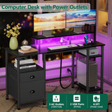 Furologee 51" Gaming Desk with Power Outlets & LED Lights, Reversible Computer Desk with File Cabinet & Monitor Stand for Home Office, Large Work Table with Storage Shelves & Drawer, Black Furologee