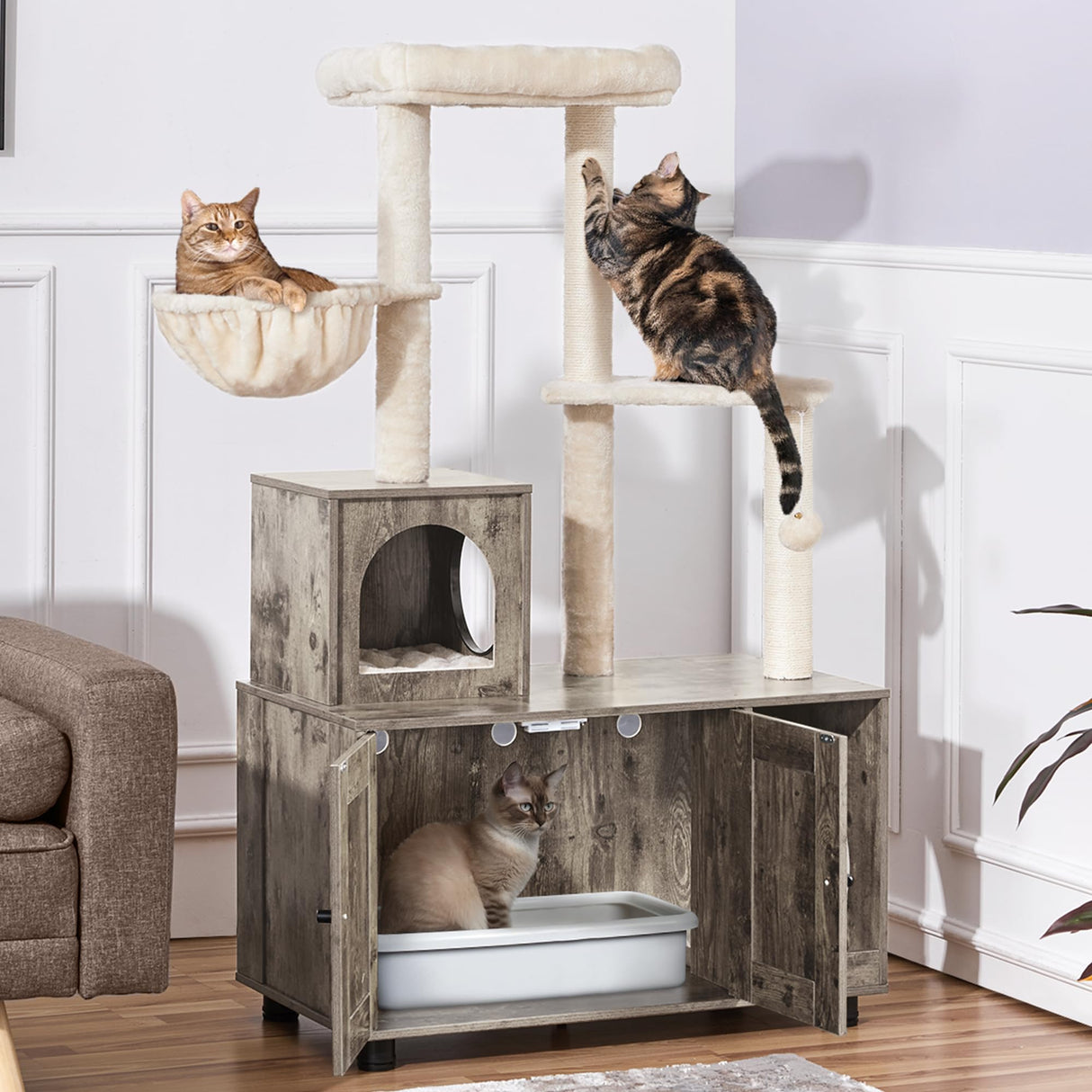 Yaheetech Litter Box Enclosure with Cat Tree, All-in-one Indoor Kitten House w/Scratching Posts, Wooden Cat Litter Box Furniture w/Kitty Condo, Platform, Greige/Beige Yaheetech