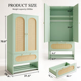 DWVO Rattan Armoire Wardrobe - 70" Tall Rattan Closet with Doors, Large Storage Cabinet with Drawers & Hanging Rod, Bedroom Armoire - Green DWVO
