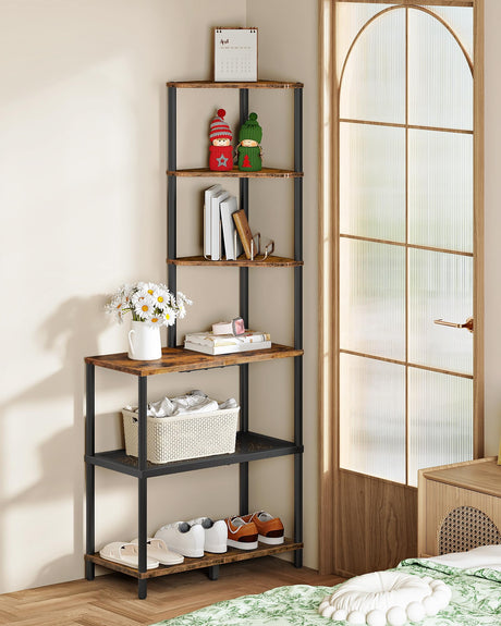 CHOEZON 6-Tier Corner Shelf, Industrial Corner Bookshelf with Desk Top, Diamond-Shaped Storage Shelves, Display Stand for Small Spaces, Living Room, Home Office, Foyer, Rustic Brown and Black TCJ70BF CHOEZON