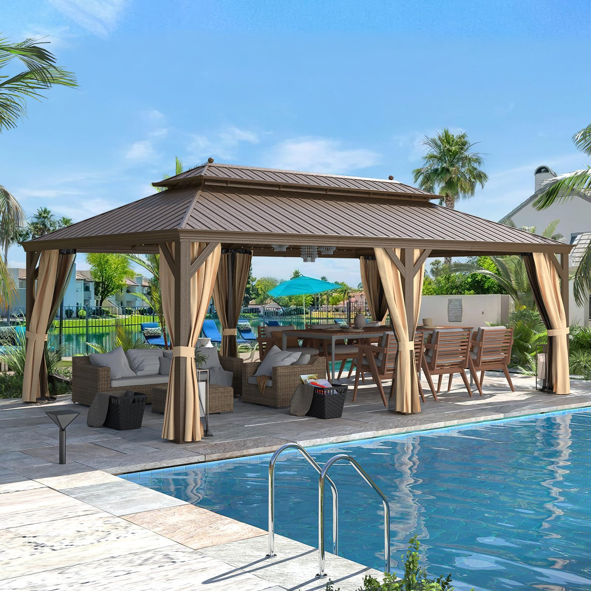 MELLCOM 14' x 22' Hardtop Gazebo,Galvanized Steel Metal Double Roof Aluminum Gazebo with Curtain and Netting,Brown Permanent Pavilion Gazebo with Aluminum Frame for Patios,Gardens,Lawns MELLCOM