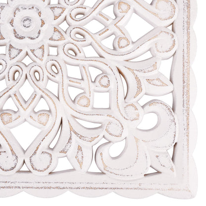 Wall Décor Art, Carved Wooden Wall Panel Hanging Decor, Decorative Carved Floral-Patterned Distressed White MDF Wall Panel for iving Room Bedroom, 12" x 12" - WoodArtSupply