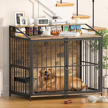 48" Furniture Style Large Dog Crate with 360° & Adjustable Height Feeder 2 Stainless Bowls, Double Door Wooden End Table House Kennel Indoor Use for Dogs - WoodArtSupply