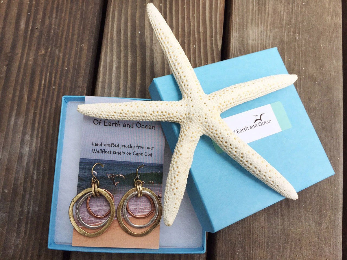 Handmade Sunrise Tricolor Dangle Earrings - Burnished Circles, Copper, Brass and Silverplated Of Earth and Ocean