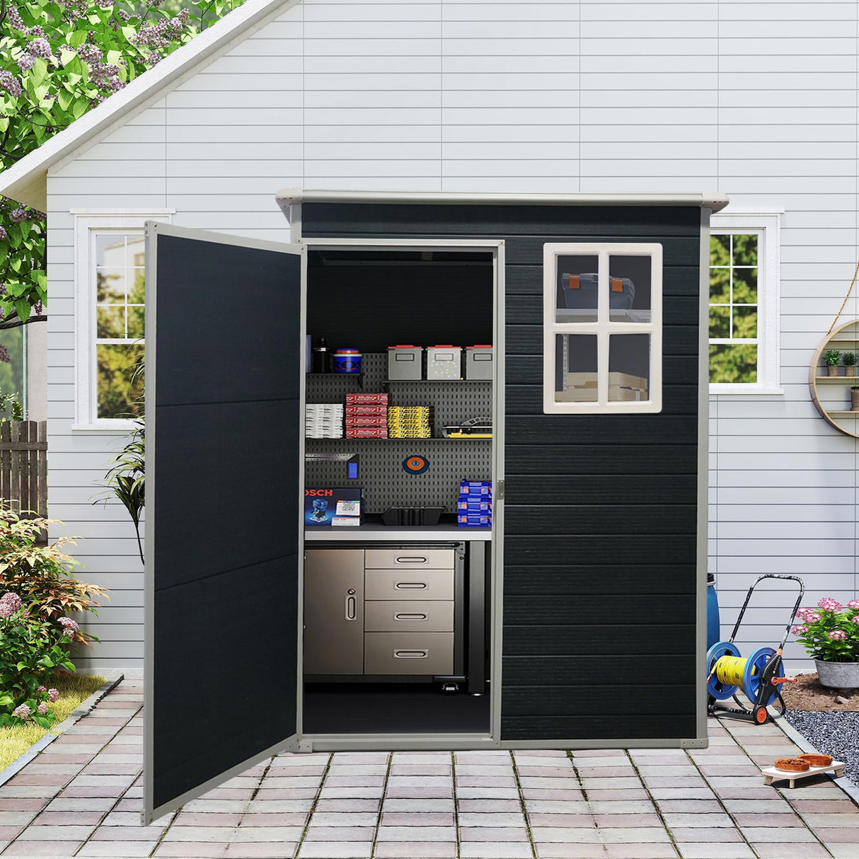 Shaical Outdoor Storage Shed 5 x 3 FT Resin Shed with Floor and Window, Sloping Roof Outdoor Shed with Lockable Door, Plastic Tool Shed for Patio, Garden, Backyard, Yard, Lawn, Black Shaical