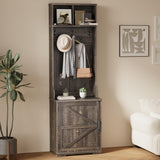 IDEALHOUSE Farmhouse Narrow Coat Rack with Shoe Storage, 23.6" Small Hall Tree with Bench, Entryway Coat Rack with 5 Hooks, 2 Cubbies & 1 Barn Door Cabinet for Entryway, Hallway, Mudroom, White/Brown IDEALHOUSE