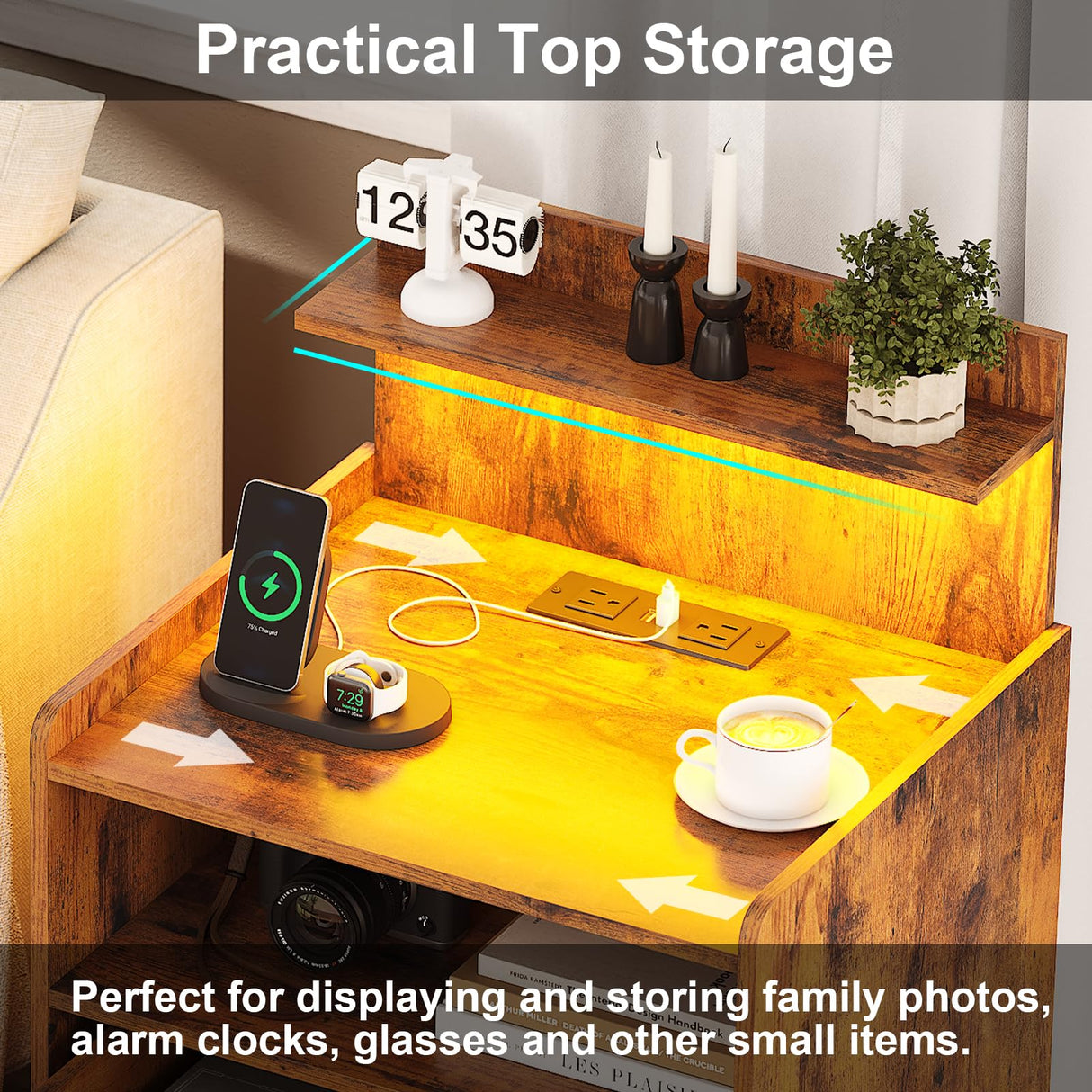 LED Nightstand with Charging Station, Night Stand with 2 Drawers and Open Storage, Bedside Table with LED Lights, Modern End Table with USB Ports Outlets, Rustic Brown Diliplain