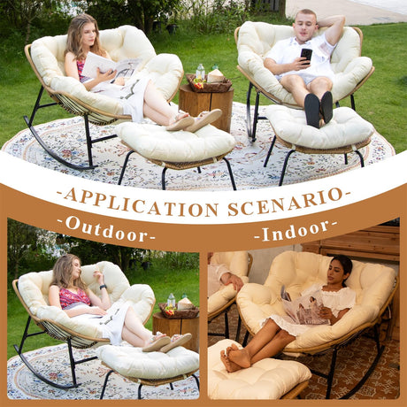 FINCATI Egg Rocking Chair with Ottoman Set of 2, Comfy Oversized Papasan Lounge Chairs with Padded Cushions, Double 2 Person Patio Rocker, Reading Glider for Indoor Outdoor Balcony Living Room, Beige FINCATI
