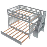 P PURLOVE Stackable Full Over Full Bunk Bed with Trundle, Wood Stairway Storage Bunk Bed with Storage Shelf for Kids Teens, Full Bunk Bed can Be Divided into 3 Individual Beds,Gray Bed Frame P PURLOVE