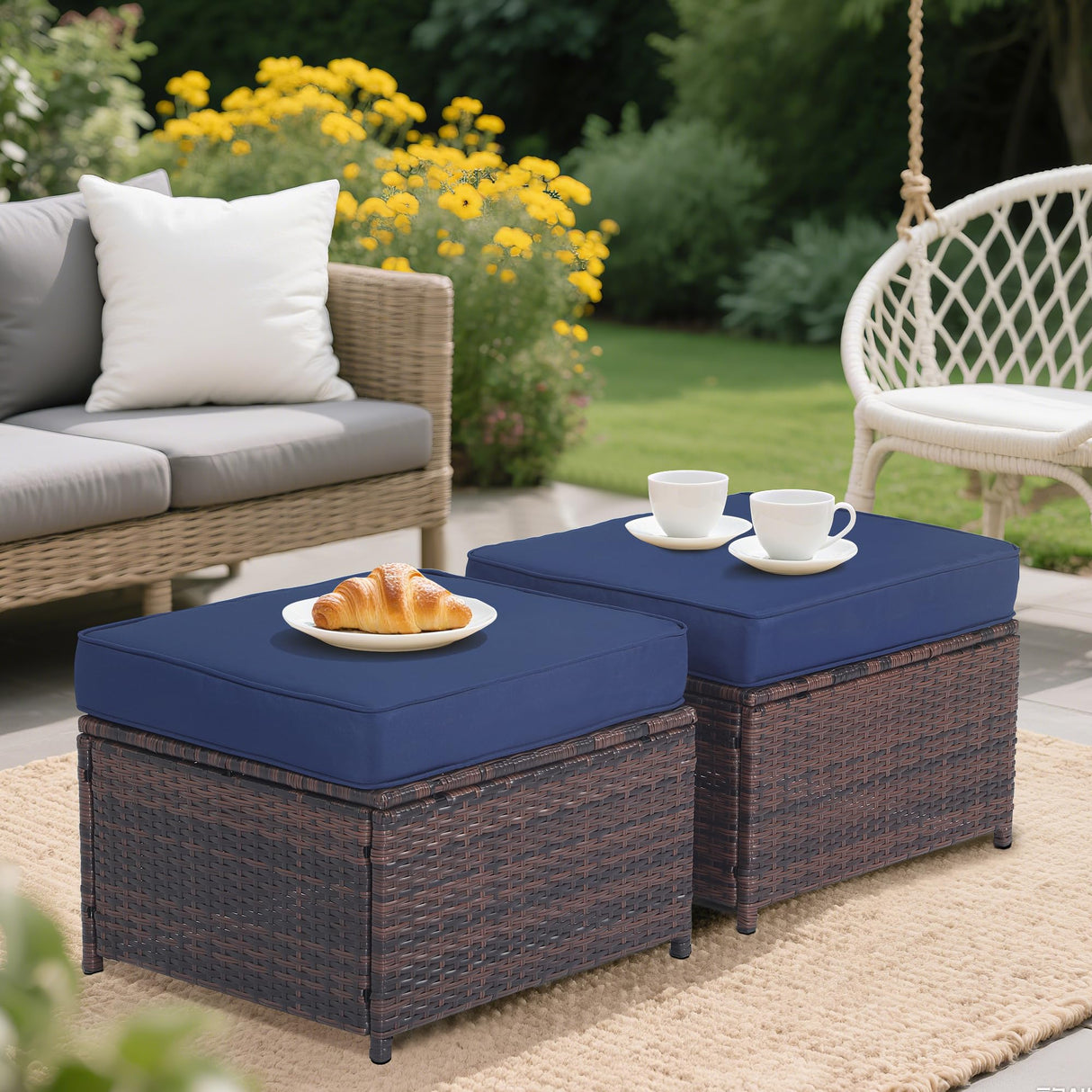 Hoffeorrad Outdoor Ottoman Rattan Footstool - Patio Ottomans with Removable Cushion, All-Weather PE Wicker & Steel Frame for Poolside, Garden Outdoor Furniture,23.6 x 21.7 x 17.8 inches, Brown 2 Pcs Hoffeorrad