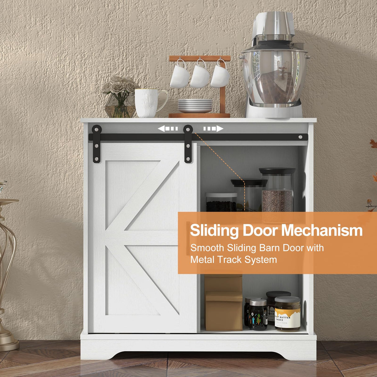 Panana Sliding Barn Door Buffet Sideboard Storage Cabinet Coffee Bar Kitchen Farmhouse Style (White) Panana