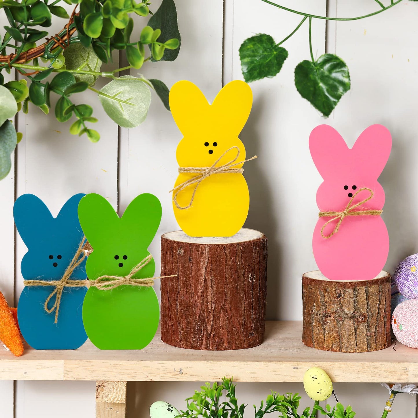 Nawqiav 4Pcs Easter Bunny Decor，Easter Bunny Statues Decorations for The Home，Wood Sign Rabbit Block Set，Wooden Signs Table Centerpiece Farmhouse Decor for Party Fireplace Tiered Tray Tabletop.