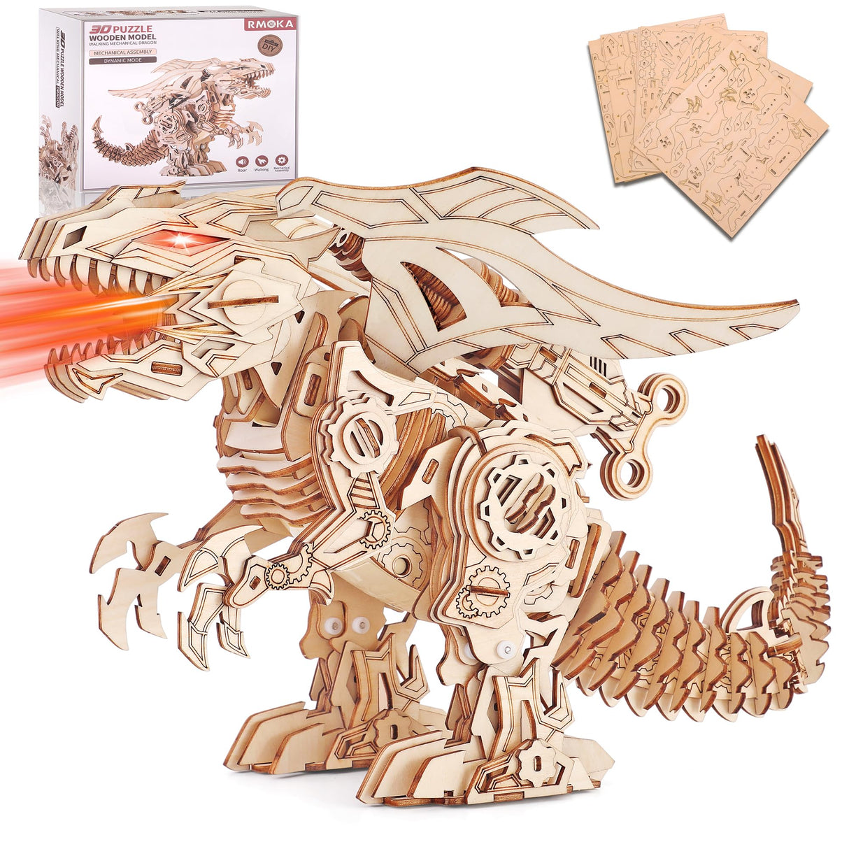 RMOKA 3D Wooden Puzzles for Adults, Building Sets Walking and Roaring Dragon Wooden Model Kit - DIY Mechanical Dragon Puzzle Toys for Boys Kids Ages 8-12-14, Gifts for Teen Men with Lifelike Walk RMOKA