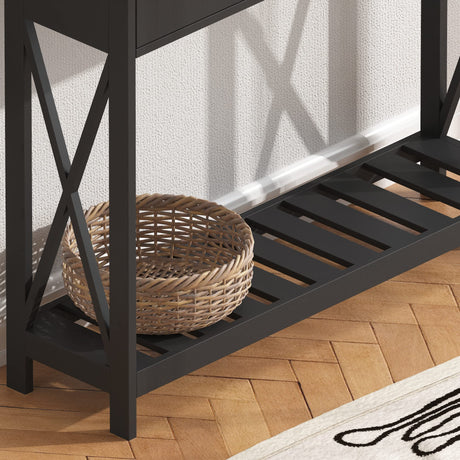 ChooChoo Farmhouse Console Table with Drawer for Entryway, Narrow Long Entry Table with Shelf for Living Room, Rustic Vintage Hallway Sofa Table with Stable X Supports, 40 Black ChooChoo
