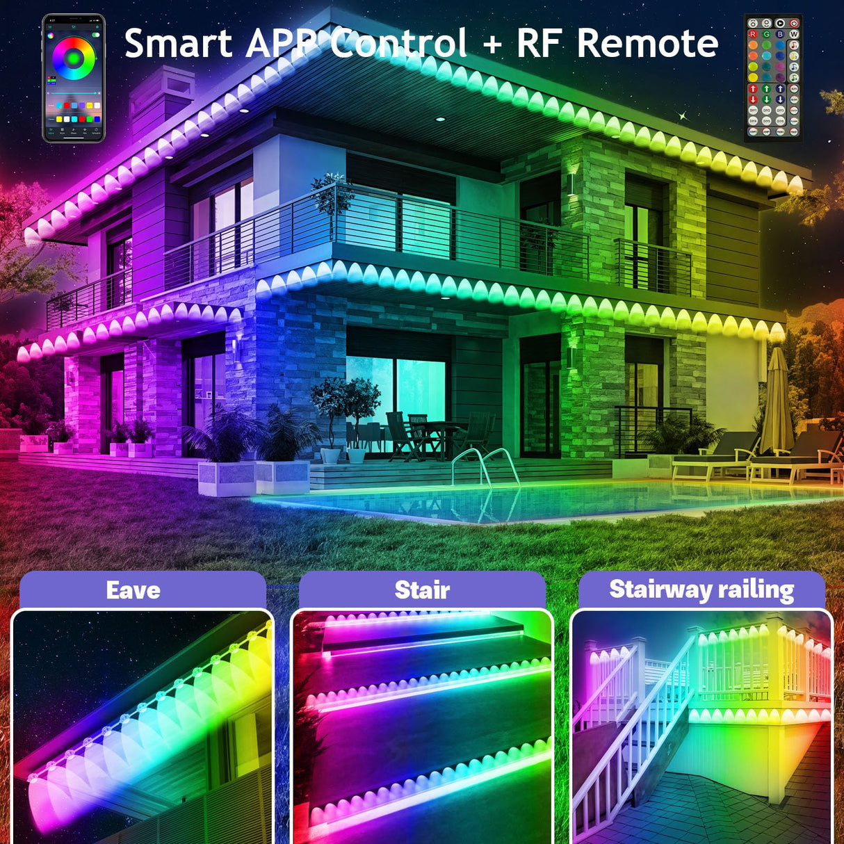 FBZ 150FT Permanent Outdoor RGB Lights - IP67 Waterproof with Smart App Control Remote,DIY Scene Modes, Music Synchronization,Eaves Lights for Garden Decor,Deck,Christmas FBZ
