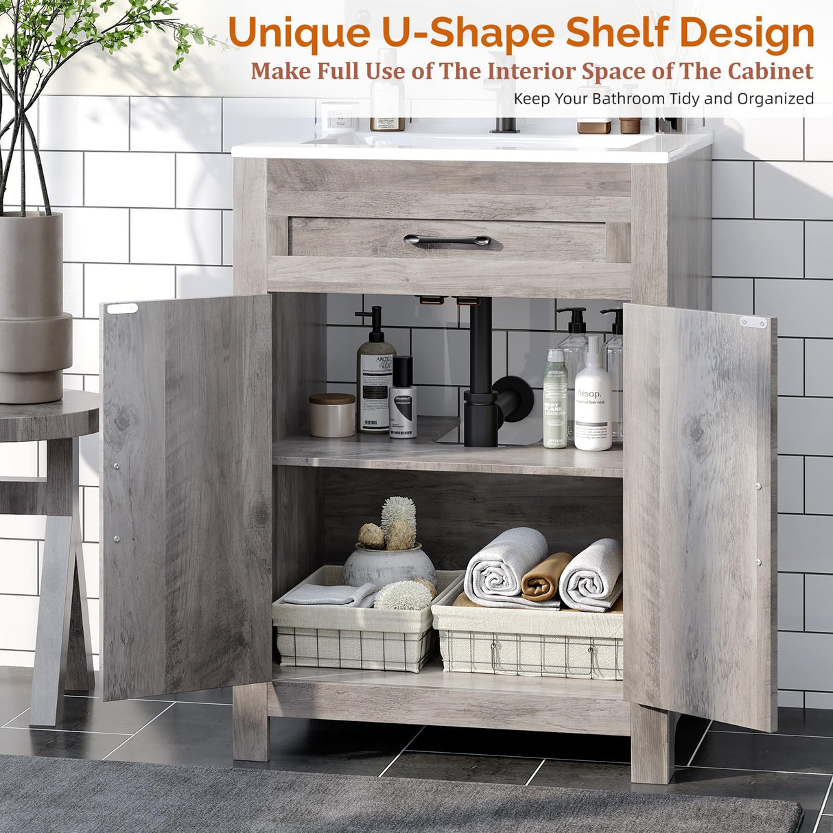 VINGLI 24" Farmhouse Bathroom Vanity with Sink, Undermount Vanity Sink Cabinet with Barn Door &Shelf,Free Standing Small Bathroom Storage Cabinet with Single Hole Ceramic Basin Combo Set,Washed Gray VINGLI