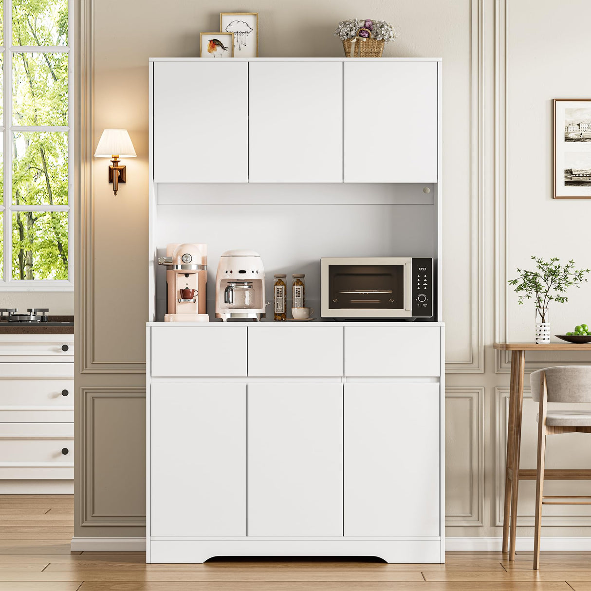 71'' Pantry Cabinet with LED Light Charging Station, kitchen storage cabinets with Microwave Stand, Freestanding Kitchen Hutch,kitchen cabinet with Open Countertop for Dining Room,Restaurant,White NUNU LAB