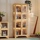 Hitow Glass Curio Cabinet Display Case with LED Light & 4 Doors, 4-Tier Flower-Patterned Glass Showcase Display Cabinet, 74.2" H Bookshelves and Bookcases for Living Room, Wood Grain Hitow