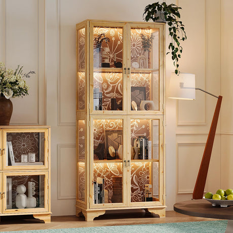 Hitow Glass Curio Cabinet Display Case with LED Light & 4 Doors, 4-Tier Flower-Patterned Glass Showcase Display Cabinet, 74.2" H Bookshelves and Bookcases for Living Room, Wood Grain Hitow