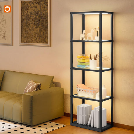 addlon Tall Display Shelf, Dimmable LED Lighted Shelves, Display Cabinet with Remote, Glass Curio Cabinet Bookcase with 3 Color Temperatures, Floor Lamp with Shelves for Living Room Decor addlon