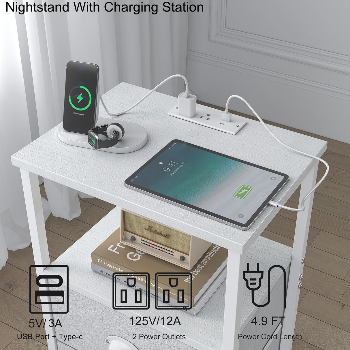 sthmec Nightstand with Charging Station, LED Night Stand Set 2, Bedside Table End Tables Set of 2, Bedroom Tables with 2 Fabric Drawers PU Finish, 3-Tier Storage Side Table for Bedroom,White sthmec