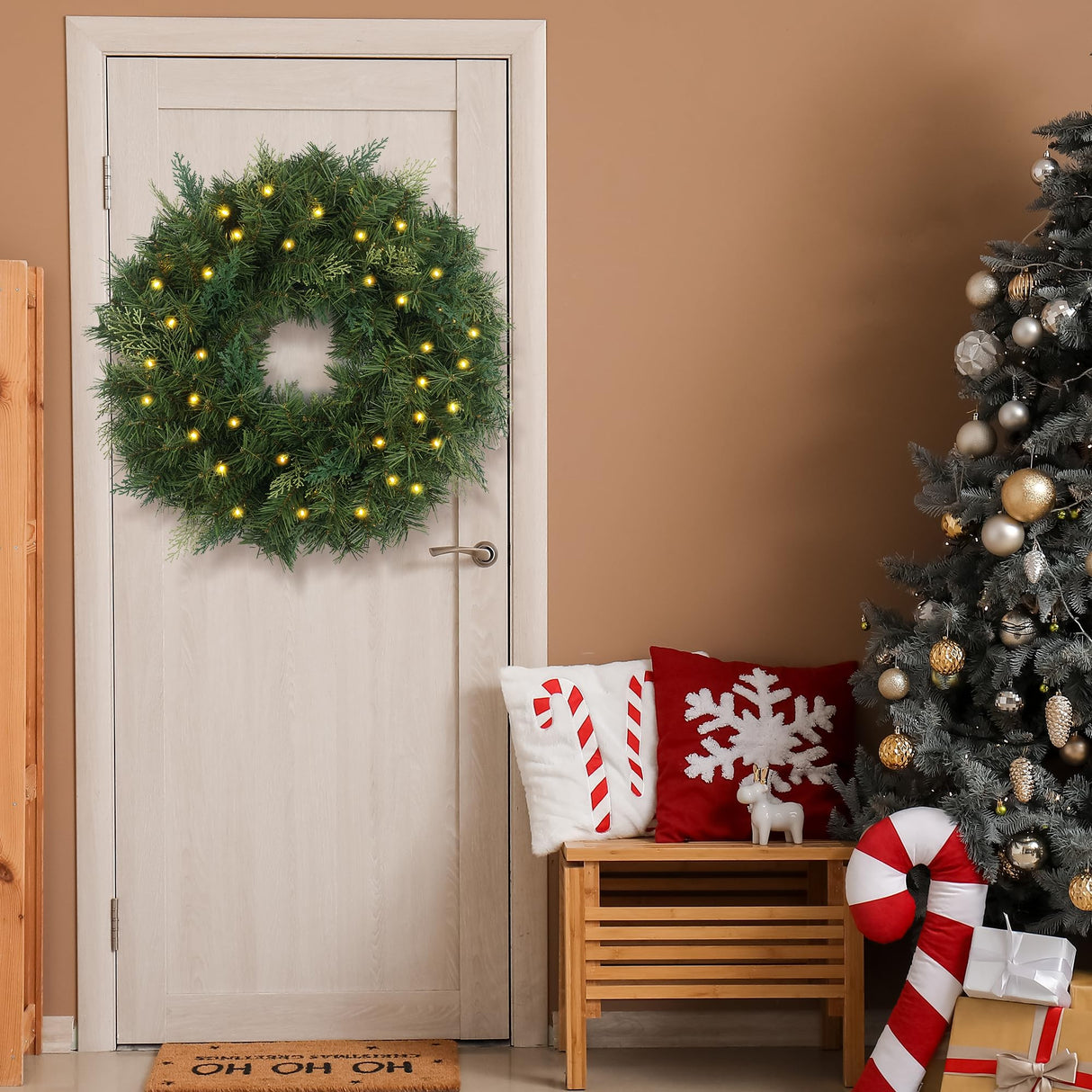 Christmas Wreath Pre-lit 24 inch with 50 Led & Cupressus Tips, Battery Operated Artificial Christmas Wreaths for Front Door with Timer Lights, Wreath for Christmas Decoration Door Windows Wall Green HomeKaren