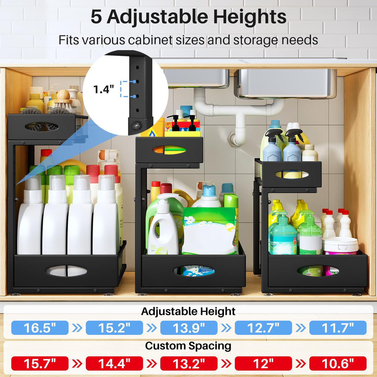 Under Sink Organizer, 2 Pack 2 Tier Pull Out Under Cabinet Organizer Shelf with Pad for Framed Cabinets, Metal Slide Out Under Sink Storage, Mesh Sliding Drawers for Kitchen Bathroom Laundry, Black PXRACK