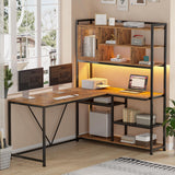 SEDETA 58'' L Shaped Computer Desk with LED Light and Bookshelf in Rustic Brown SEDETA