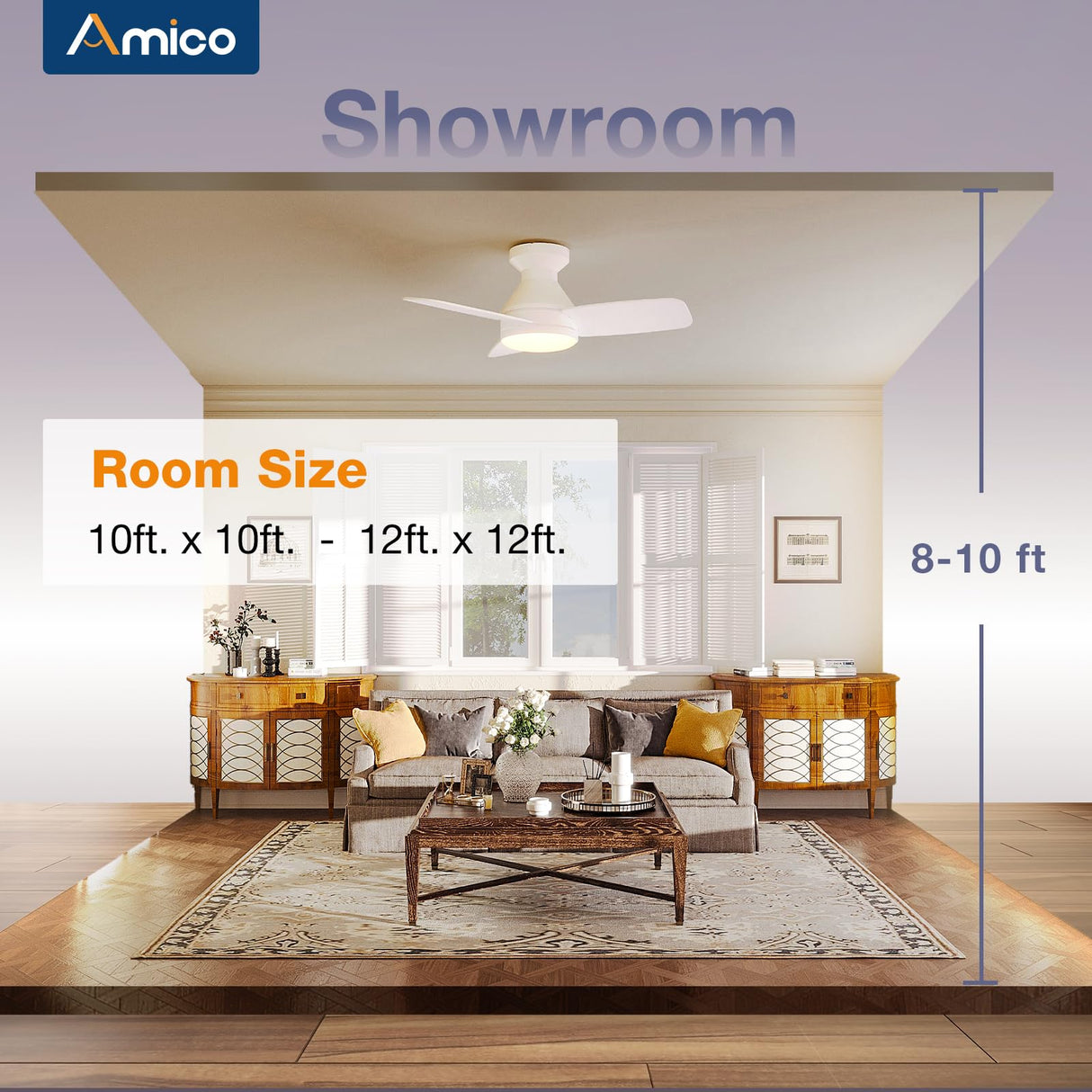 Amico Ceiling Fans with Lights, 30 inch Low Profile Ceiling Fan with Light and Remote Control, Flush Mount, Reversible, 3CCT, Dimmable, Noiseless, White Ceiling Fan for Bedroom, Indoor/Outdoor Use Amico