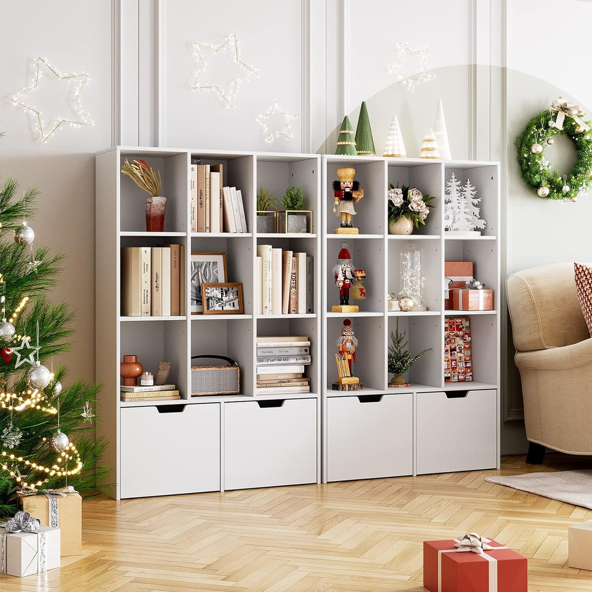 Modern White Bookshelf with Drawers and 9 Cubes by IDEALHOUSE, Versatile Storage Organizer for Home and Office IDEALHOUSE