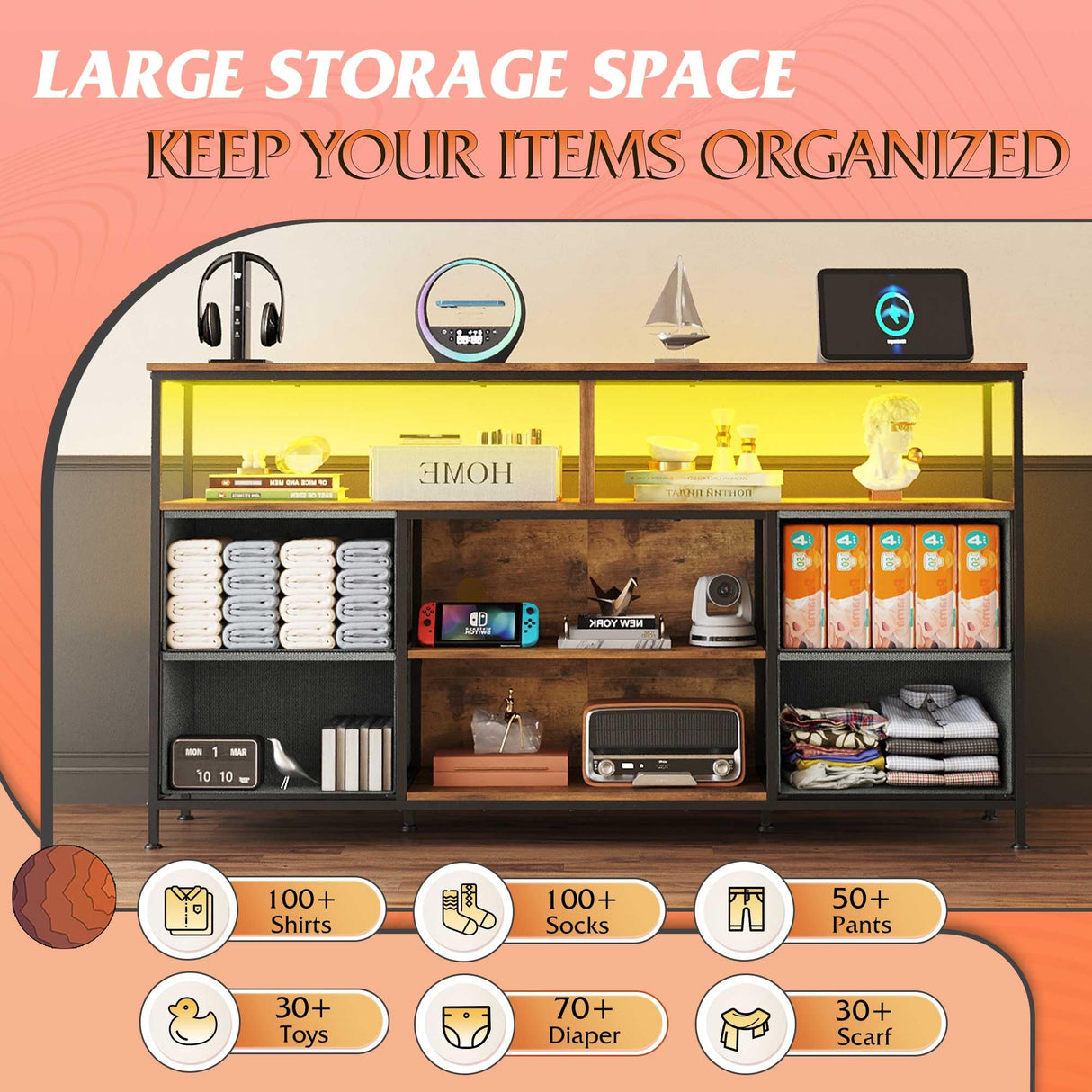 WLIVE TV Stand Dresser for 50,55,60 inch TV, Entertainment Center with LED Lights & Fabric Drawers, Dresser TV Stand for Bedroom and Living Room with Open Shelves, Rustic Brown WLIVE