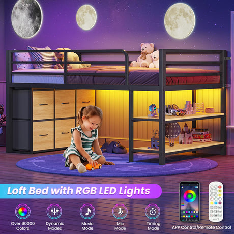 BTHFST Twin Size Low Loft Bed with 6 Fabric Storage Drawers, Metal Loft Bed Twin with LED Lights & Open Storage Shelves, 15" H Safety & Guardrail Stairs Loft Bed for Kids, Black & Natural BTHFST