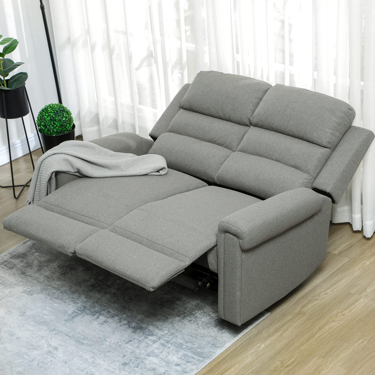 HOMCOM 2 Seater Recliner Sofa with Manual Pull Tab, Fabric Reclining Sofa, RV Couch, Home Seating, Gray HOMCOM