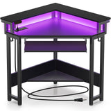 Rolanstar Corner Desk, 44.5" W x 34.5" H Small Carbon Fiber Computer Desk with Power Outlets, LED Lights and Keyboard Tray, Small Office Computer Desk with Monitor Stand for Small Space, Carbon Black Rolanstar