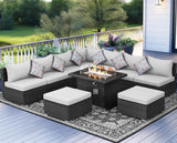 NICESOUL 10 Piece Modern Outdoor Patio Furniture Set with Firepit Natural Gas Propane Convertible, 29.3'' High Back Extra Large Size Wicker Conversation, Deep Wide Comfortable Couch for Outside, Grey NICESOUL