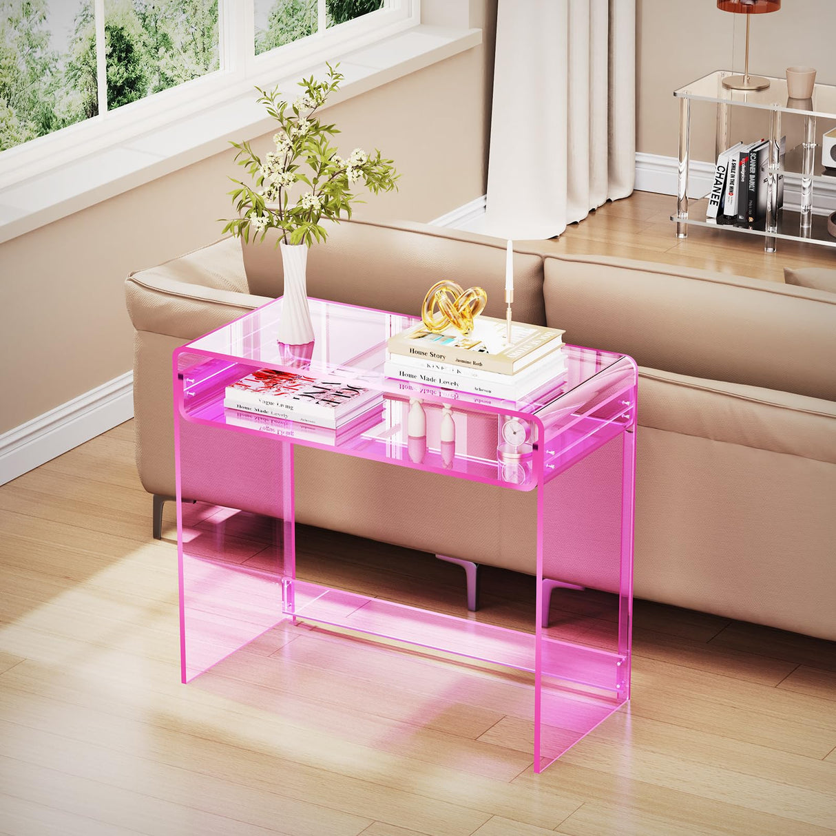 solaround Acrylic Desk Laptop Workstation Study Table Home Office Console Table Entrance Table Decor (Pink) solaround