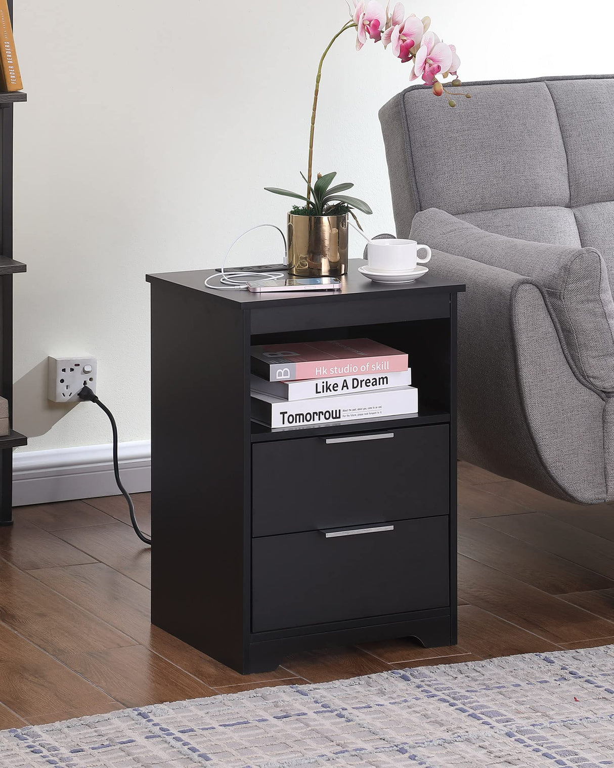 Kavonty Nightstand with Charging Station,End Table with 2 Drawers,Wooden End Table with Drawer and Opening Shelf,Side Table for Bedroom, Black Kavonty