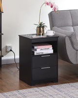 Kavonty Nightstand with Charging Station,End Table with 2 Drawers,Wooden End Table with Drawer and Opening Shelf,Side Table for Bedroom, Black Kavonty