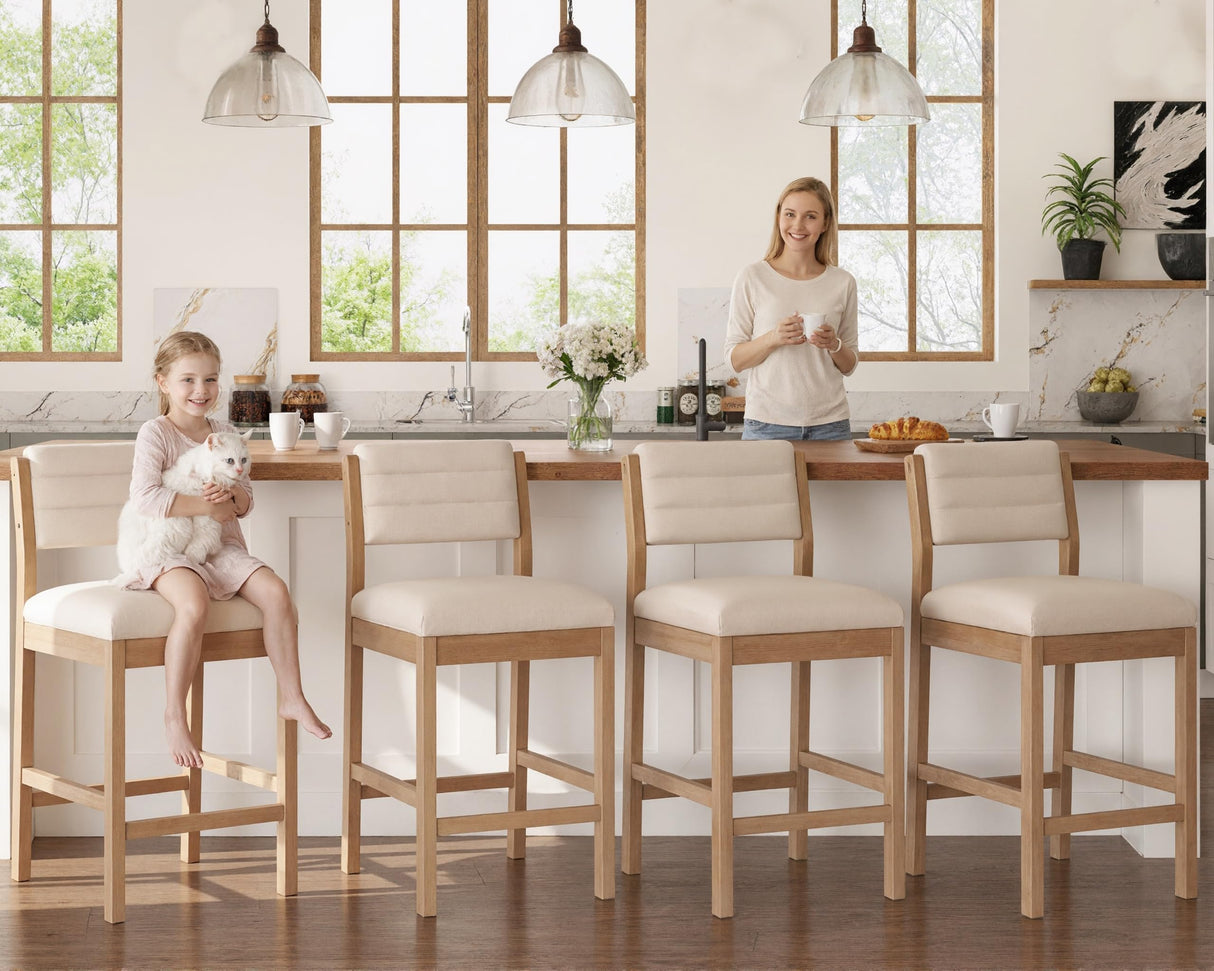 26.5'' Tall Bar Stools Set of 4 Modern Counter Stools with Backs Beige Linen Upholstered Bar Height Chairs Counter Height Island Stools with Wood Frame Farmhouse Wooden Barstools for Kitchen Island HNY