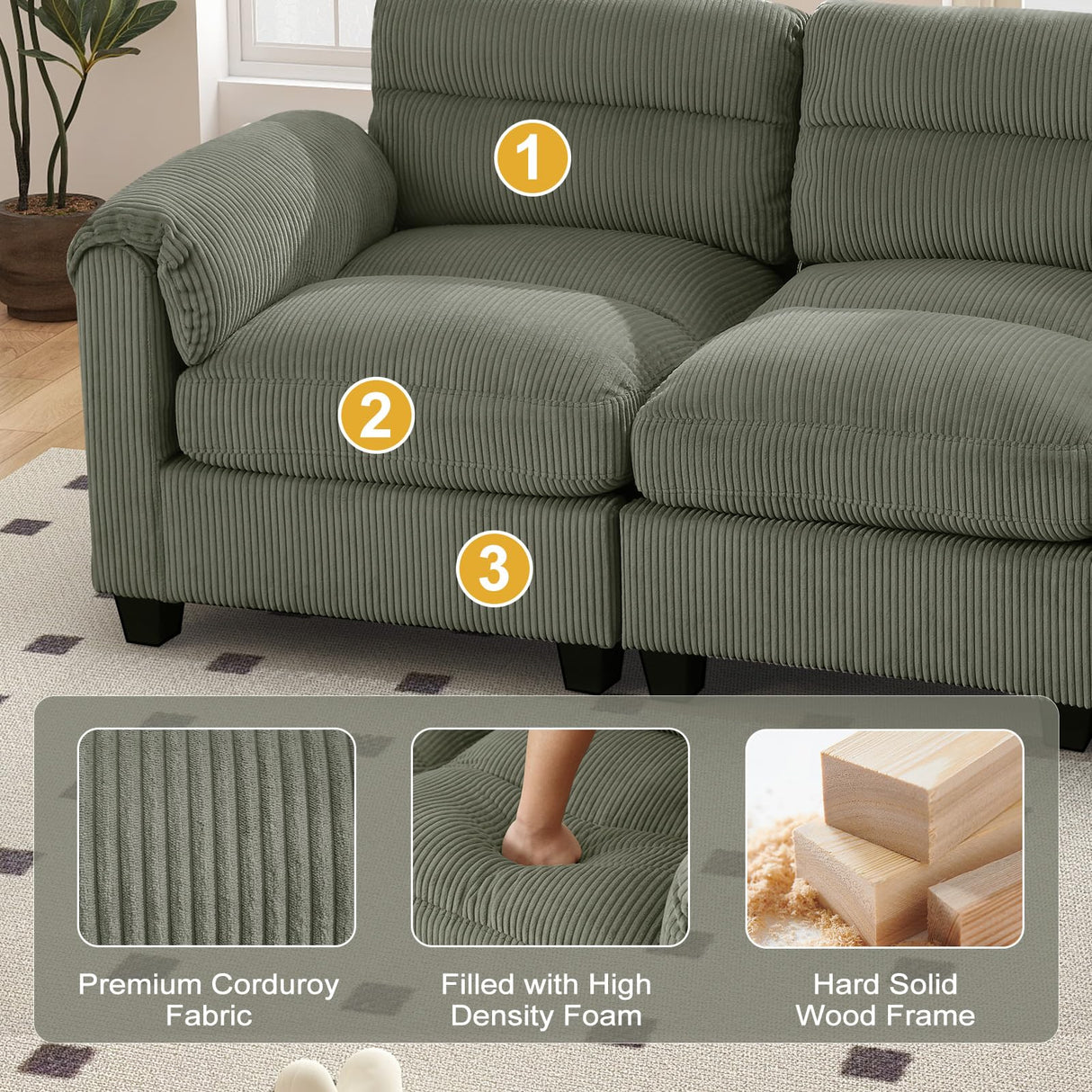 HAOMARKETS 115” Modular Sectional L Shaped Corner Sofa, Corduroy 5-Seater Couches with Thick Cushion for Living Room, Green HAOMARKETS