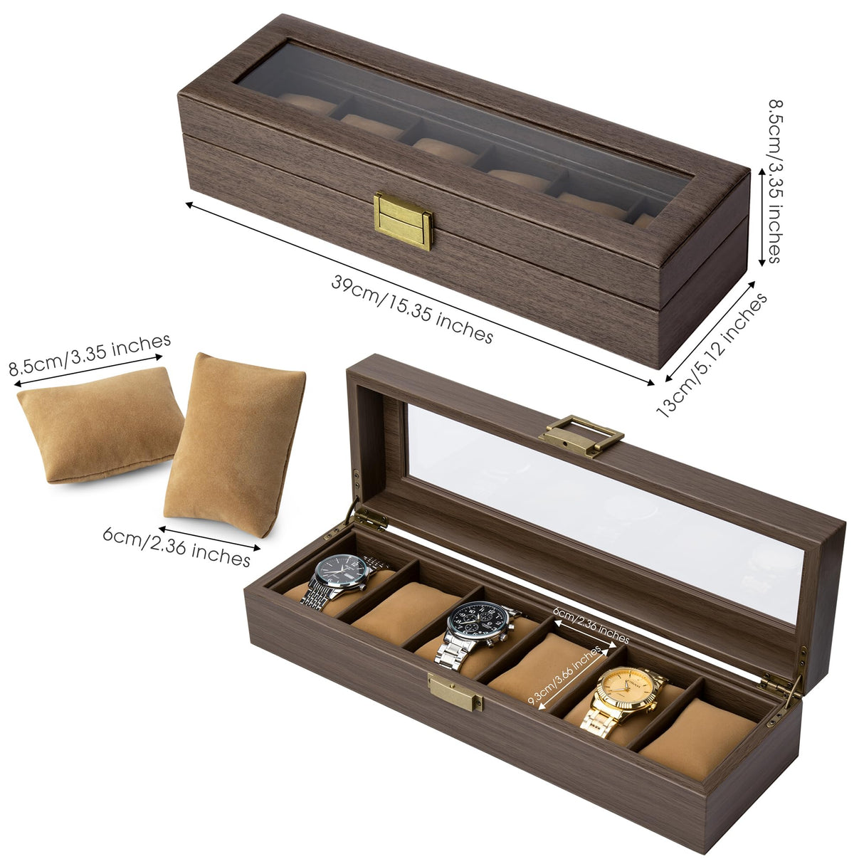 Lonian Watch Box, Watch Case for Men 6 Slots Wood Storage Watch Case Organizer with Glass Display Top Exquisite and Durable Lonian