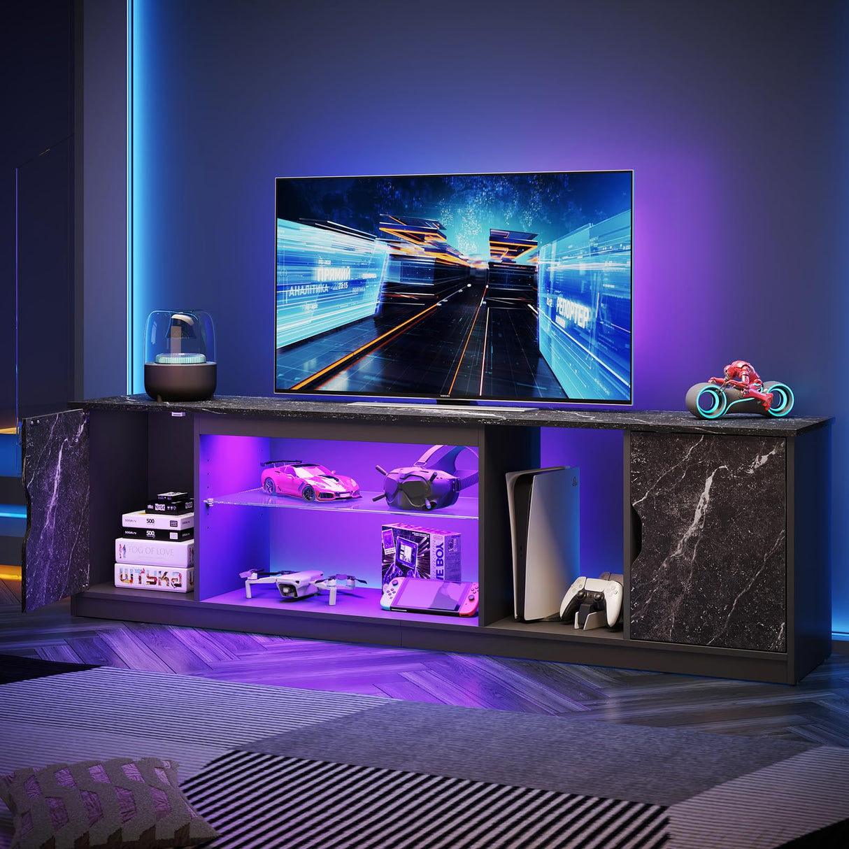 Bestier TV Stand for 65/70/75/80 inch TV, 70 inch LED Entertainment Center with Storage for PS5 Xbox, Modern TV Console Table for Living Room Bedroom, Adjustable Glass Shelf, Black Marble Bestier